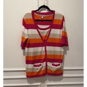Joseph A. Twin Set Size XL Pink‎ Orange Tan Striped Shell & Cardigan